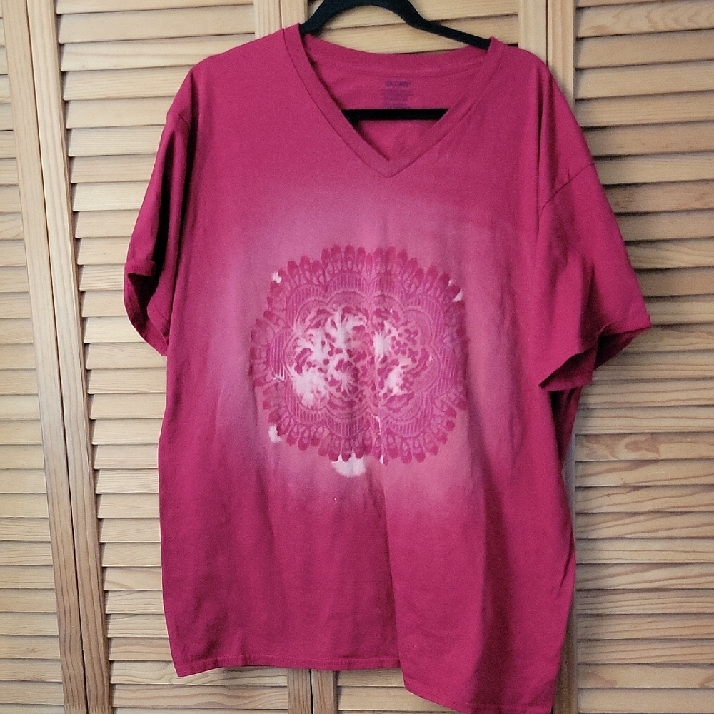 Upcycled Bleach Lace Tee Boho Mandala Design Maroon Gildan V-Neck T-Shirt 2XL